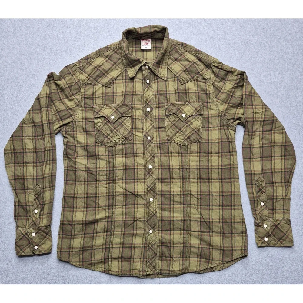 True Religion Shirt Mens 3XL Olive Green Western Pearl Snap Plaid Long Sleeve